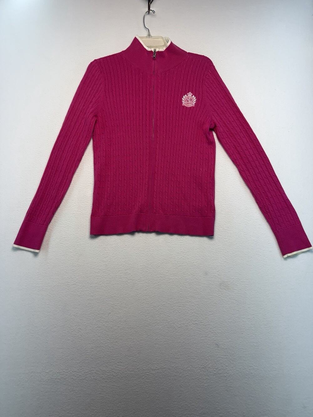 Vintage Y2K Ralph Lauren Sweater Women's Pink Zip Cable Knit L Preppy Cotton